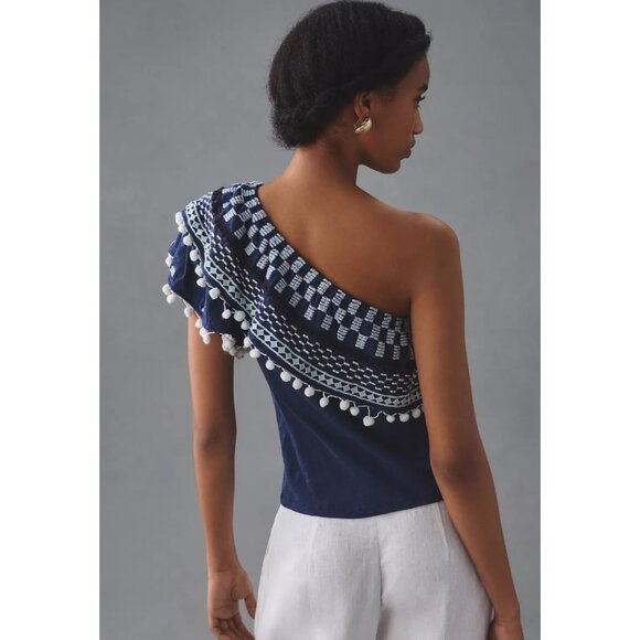 By Anthropologie Pom-Tassel One-Shoulder Top Women's Size Large Blue Cotton NEW - Picture 3 of 12